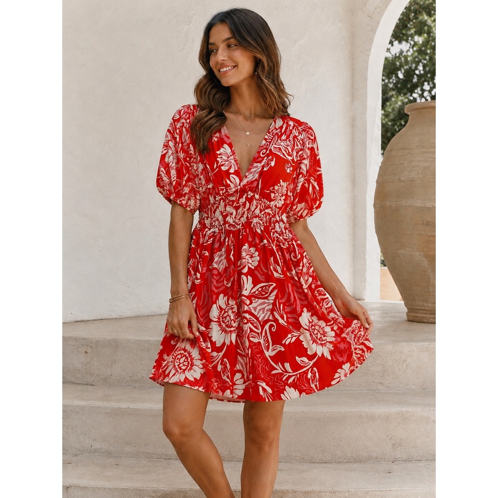 Abel The Label Red Floral V-Neck Smocked Mini Dress Puff Sleeve Rayon Womens L